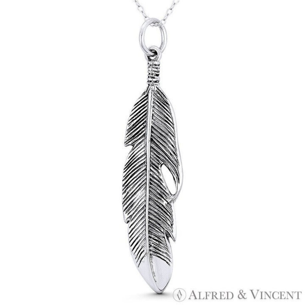 Angel's / Eagle's Wing Feather Charm Pendant In Oxidized .925 Sterling Silver